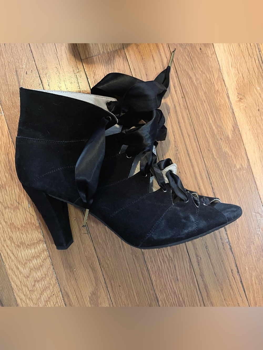 Eric Michael Black Suede Lace-Up Booties w/ Peep-Toe - Size 11